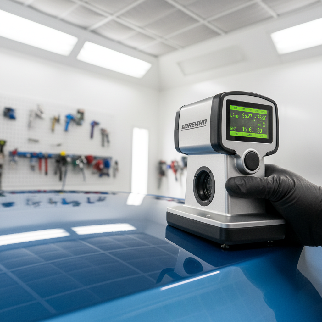 A realistic close-up photograph of a color-matching spectrophotometer device positioned against a vehicle's painted surface, with a digital readout screen visible on the device showing color coordinates and RGB values, set in a professional shop environment with controlled lighting.