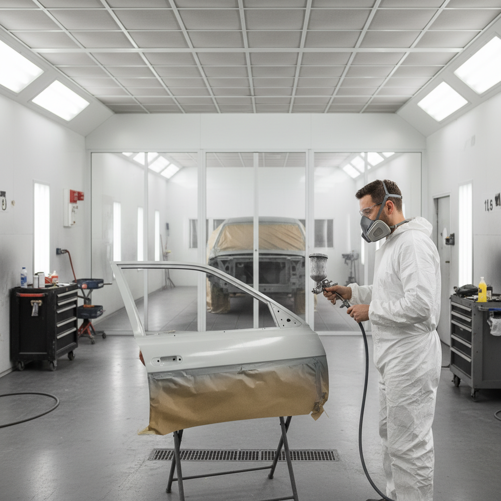 A realistic photograph of a well-lit auto body shop interior showing a technician in professional attire working on a vehicle panel with a spray gun, with masked areas visible and professional spray booth lighting in the background, conveying a clean, competent working environment.