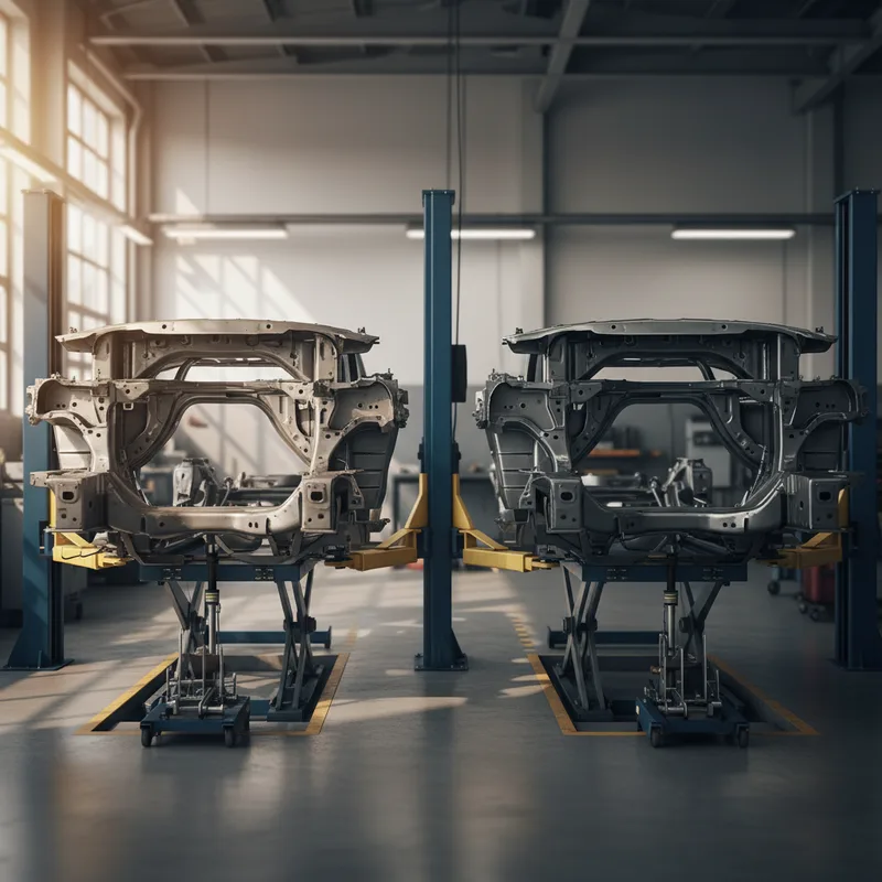 Side-by-side comparison showing a damaged vehicle frame on the left with visible bending and stress marks, and a properly ...