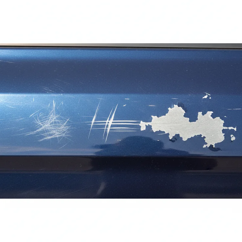 A vehicle's door panel showing a progression of three visible scratch types: light surface scratches, medium-depth gouges,...