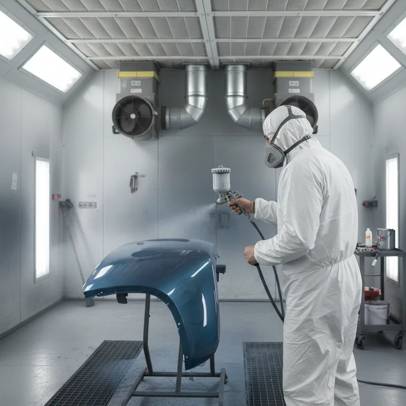A skilled auto painter applying base coat to a vehicle panel in a modern spray booth with soft diffused lighting and venti...