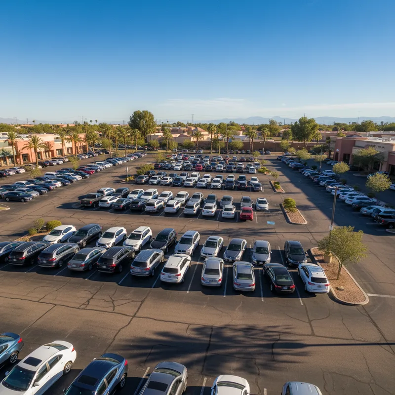 Overhead view of a Phoenix parking lot during daytime with multiple vehicles parked in rows, showing tight spacing between...