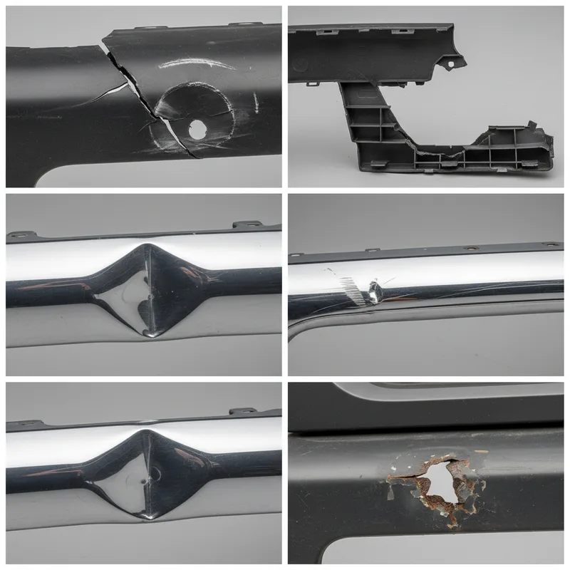 Close-up detail shots of different bumper materials (plastic and metal) and damage types (dents, cracks, structural breaks...