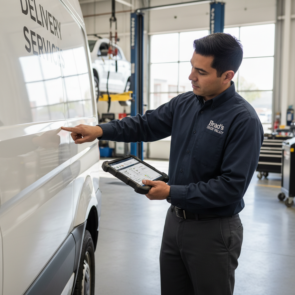 A realistic photo showing a certified technician in Brad's Deer Valley uniform conducting a detailed vehicle inspection on a commercial fleet van. The tech is using a damage assessment tablet or clipboard, pointing to specific damage areas on the vehicle. Natural lighting inside the shop, professional setting with modern diagnostic tools visible in the background.