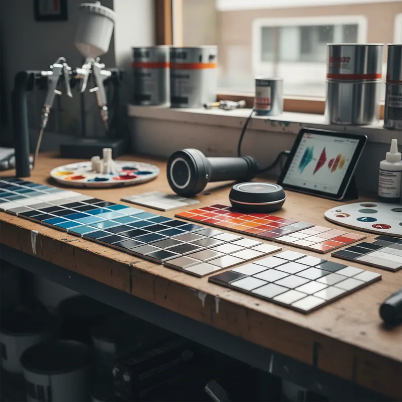 Close-up detail shots of different paint swatches and color-matching technology equipment on a workbench in an auto body s...