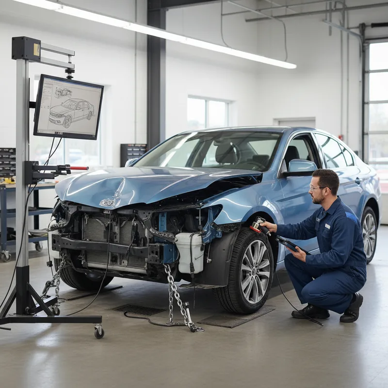 A damaged vehicle positioned in a collision repair bay with technician using diagnostic equipment and a digital scan tool ...