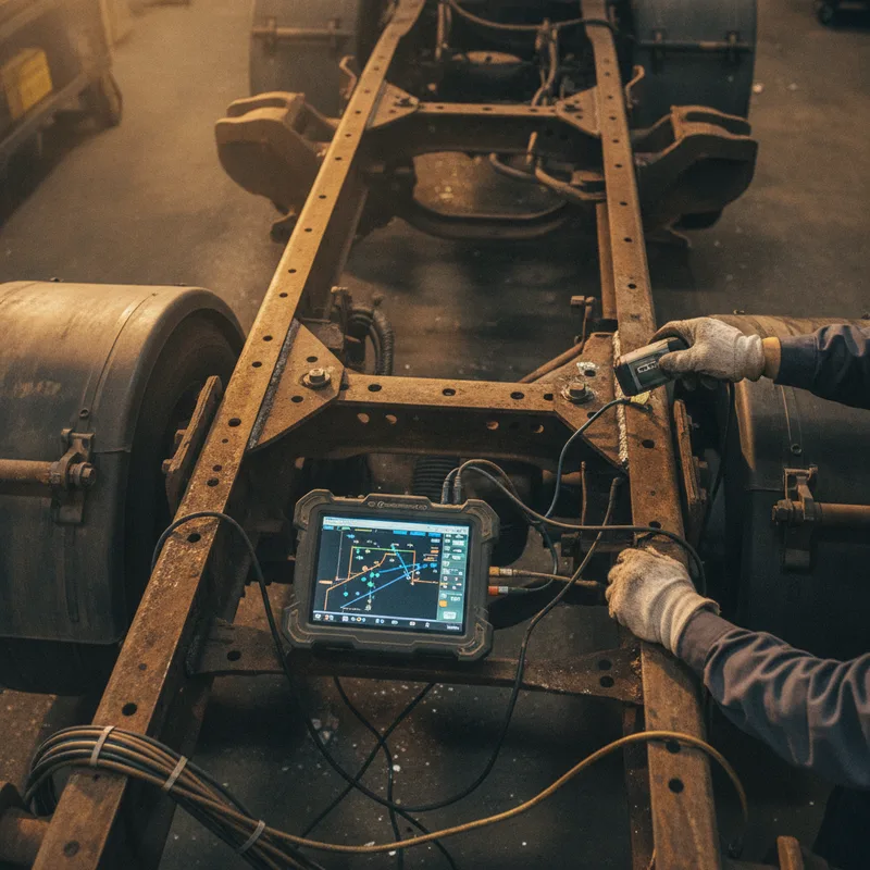 Technician using diagnostic equipment on a commercial vehicle chassis, close-up on the testing instrument and vehicle fram...