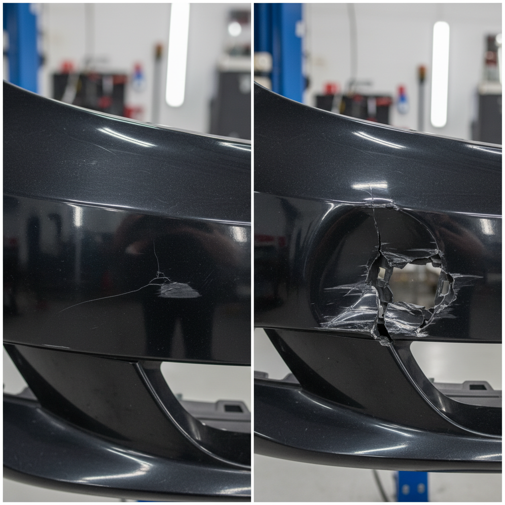 A realistic split-screen comparison showing a minor surface crack in a bumper on the left side versus a deep, structural crack on the right. Both bumpers should be photographed under shop lighting to show the damage clearly. The left bumper appears more manageable for repair while the right demonstrates why replacement becomes necessary.
