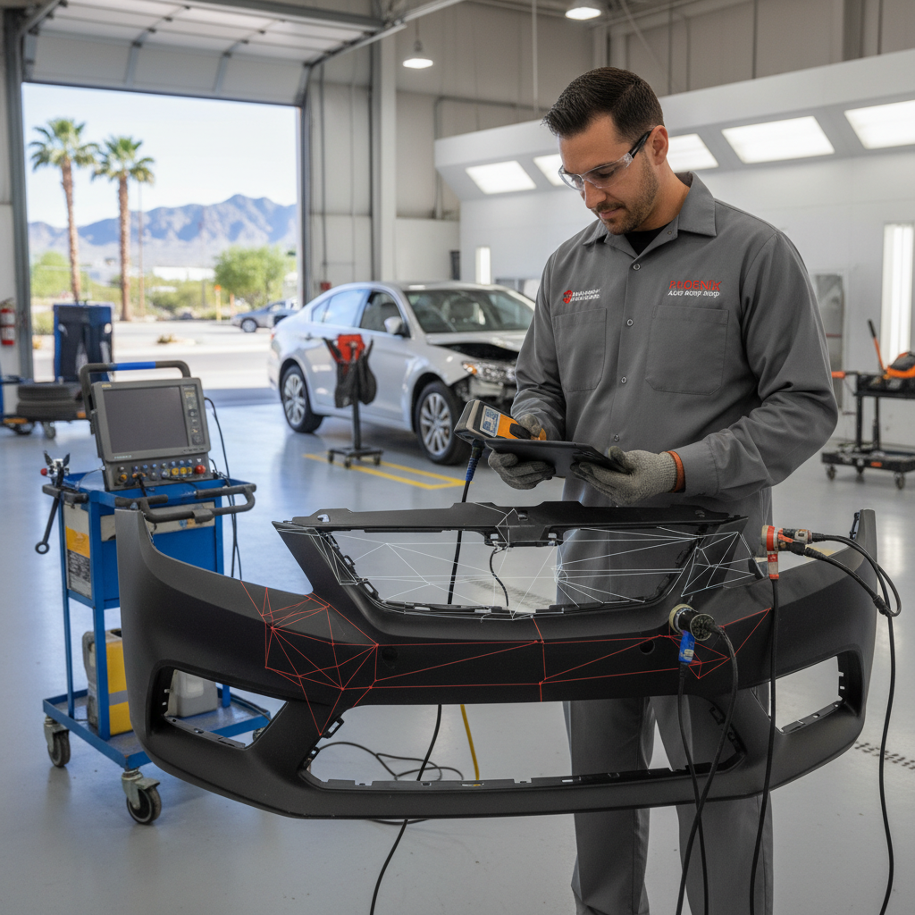 A realistic photograph of a technician in a professional Phoenix auto body shop inspecting a bumper with specialized diagnostic equipment. The technician should be holding or near the bumper, possibly with a damage assessment tablet or measuring tools visible, showing the professional evaluation process.