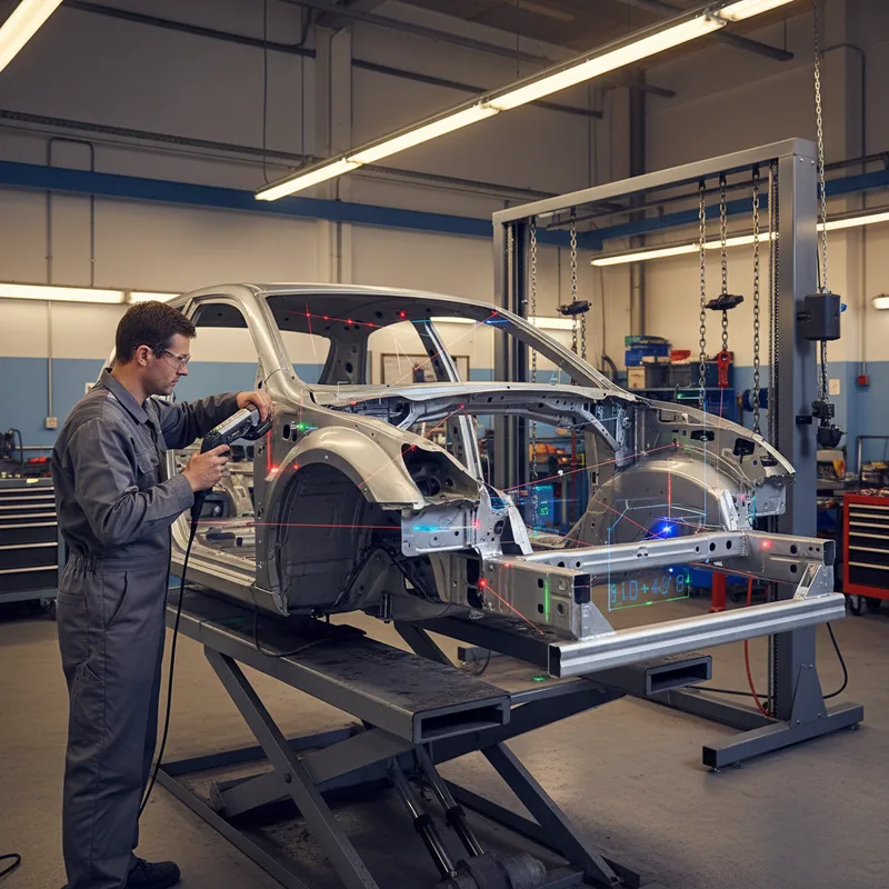 Technician using 3D laser measuring system on a vehicle frame in an active repair bay