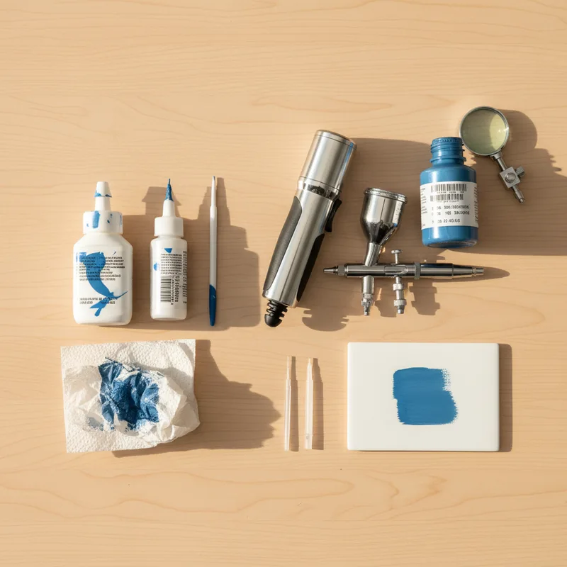 Overhead comparison shot showing a DIY touch-up pen and paint bottle alongside professional color-matching equipment and p...