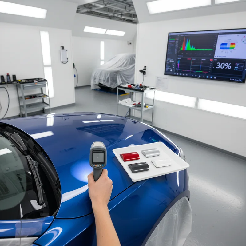Overhead shot of a spectrophotometer device being used to analyze and match car paint on a vehicle surface, with color ref...