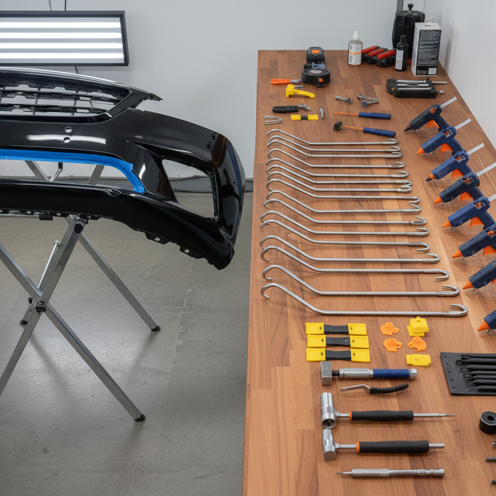 A realistic overhead shot of a technician's workbench showing various dent removal tools laid out in organized rows—specialized rods, glue guns, and precision instruments. The bumper being repaired is visible on a work stand, mid-process. The lighting is bright and professional, showing fine detail and cleanliness of the workspace.