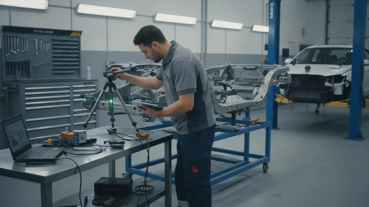 A certified auto body technician inspects a vehicle frame using precision measurement tools in a professional collision repai