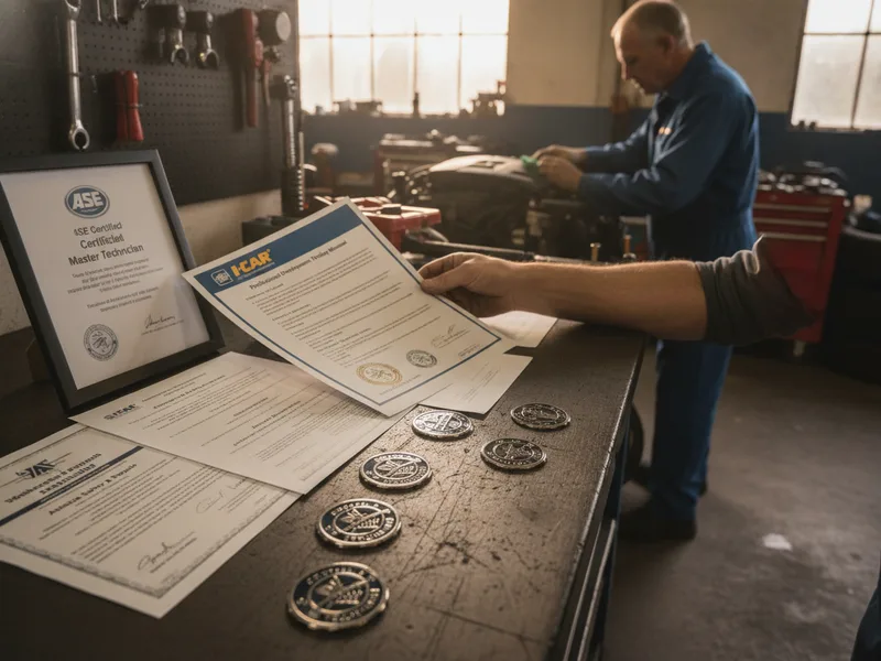 ASE and I-CAR certification documents and credentials displayed on a technician's workbench.