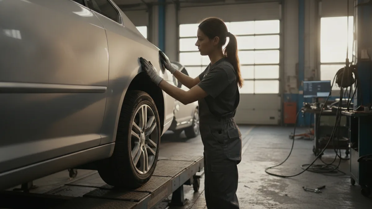 Collision repair technician inspecting vehicle damage on a sedan in a Phoenix auto body shop.
