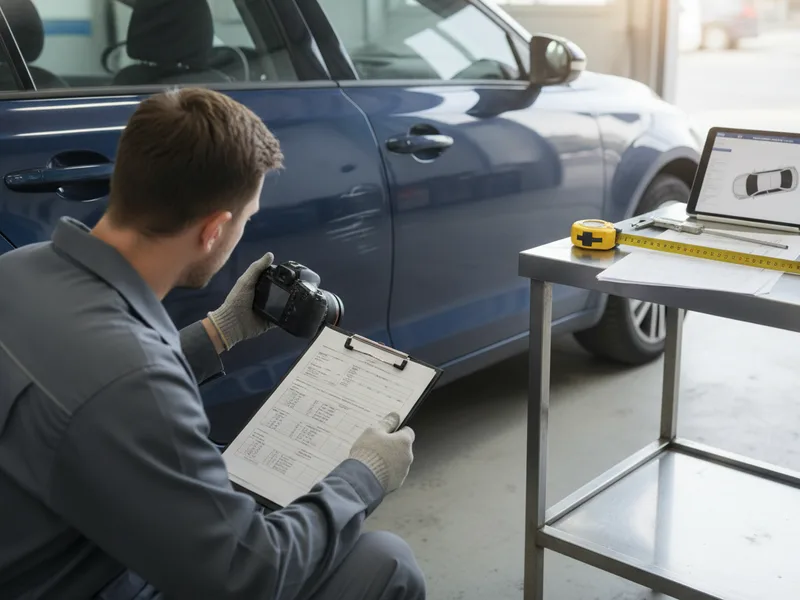 Auto body technician documenting collision damage on a vehicle during initial assessment at a Phoenix repair shop.