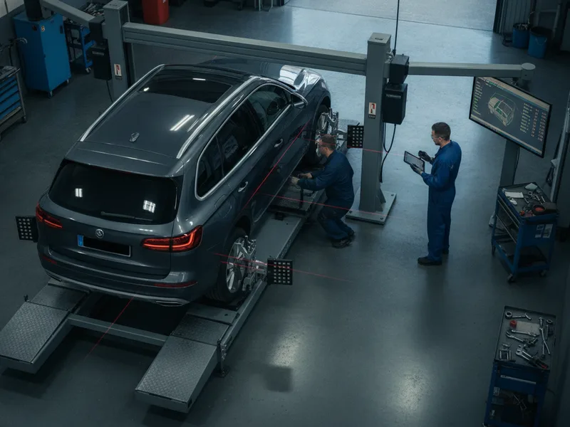 Collision repair frame alignment system measuring vehicle structural damage in a Phoenix auto body shop.