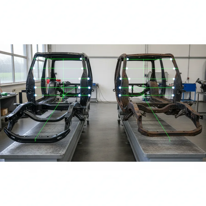 Side profile comparison of a properly aligned vehicle frame against a misaligned one, with subtle visual indicators of fra...