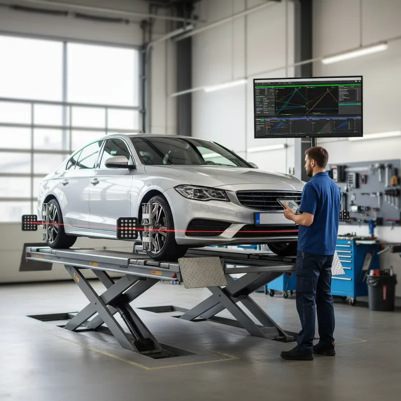 Wide shot of a vehicle suspended on a frame alignment rack with multiple measurement sensors and laser equipment engaged, ...