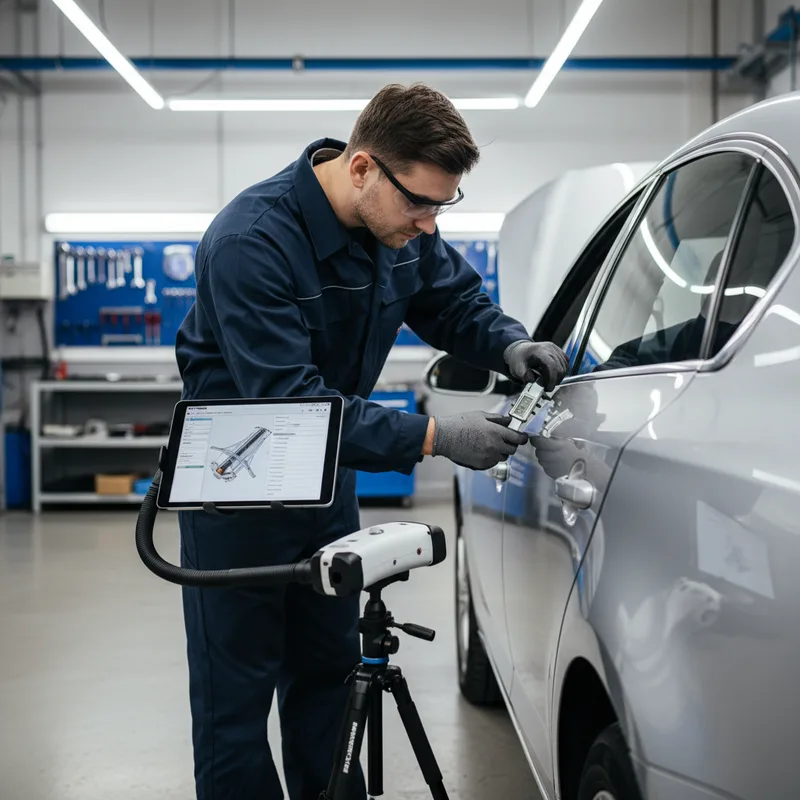 Technician in a professional shop setting using measurement tools and documentation equipment to inspect a vehicle with mi...