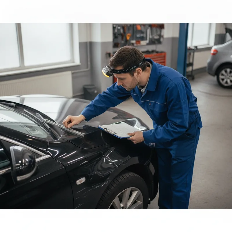 Overhead shot of an auto body technician reviewing damage on a vehicle's front fender with a notepad and measuring tool, n...