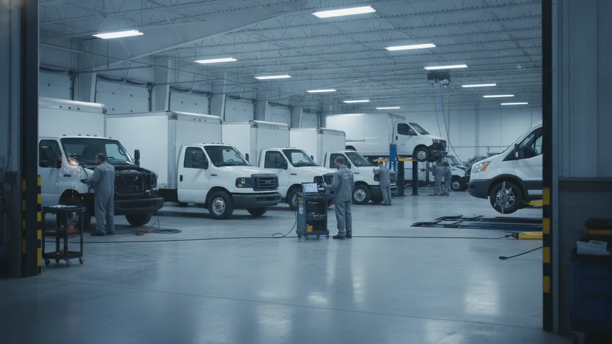 Multiple commercial vehicles undergoing repair work simultaneously in a professional auto body shop facility.