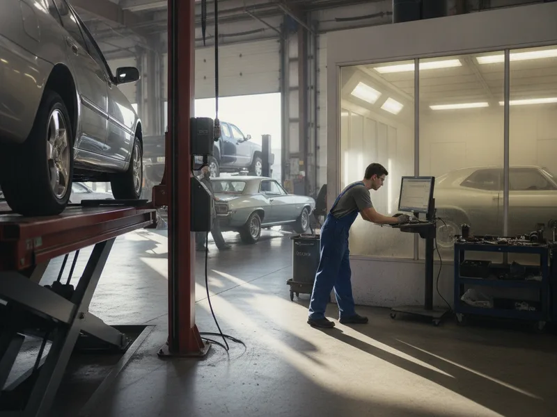 Multiple vehicles at different repair stations inside a professional auto body shop with frame alignment and painting equipme