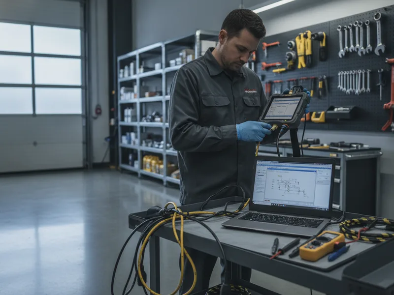 A technician using vehicle diagnostic equipment to assess collision damage and safety system recalibration needs.