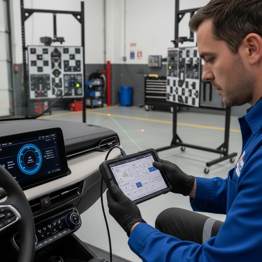 A realistic close-up photograph showing a technician using a digital diagnostic scanner on a vehicle's dashboard, with the ADAS (Advanced Driver Assistance Systems) calibration equipment visible in the background of a professional shop bay. This visual reinforces the importance of modern diagnostic technology and safety system recalibration.