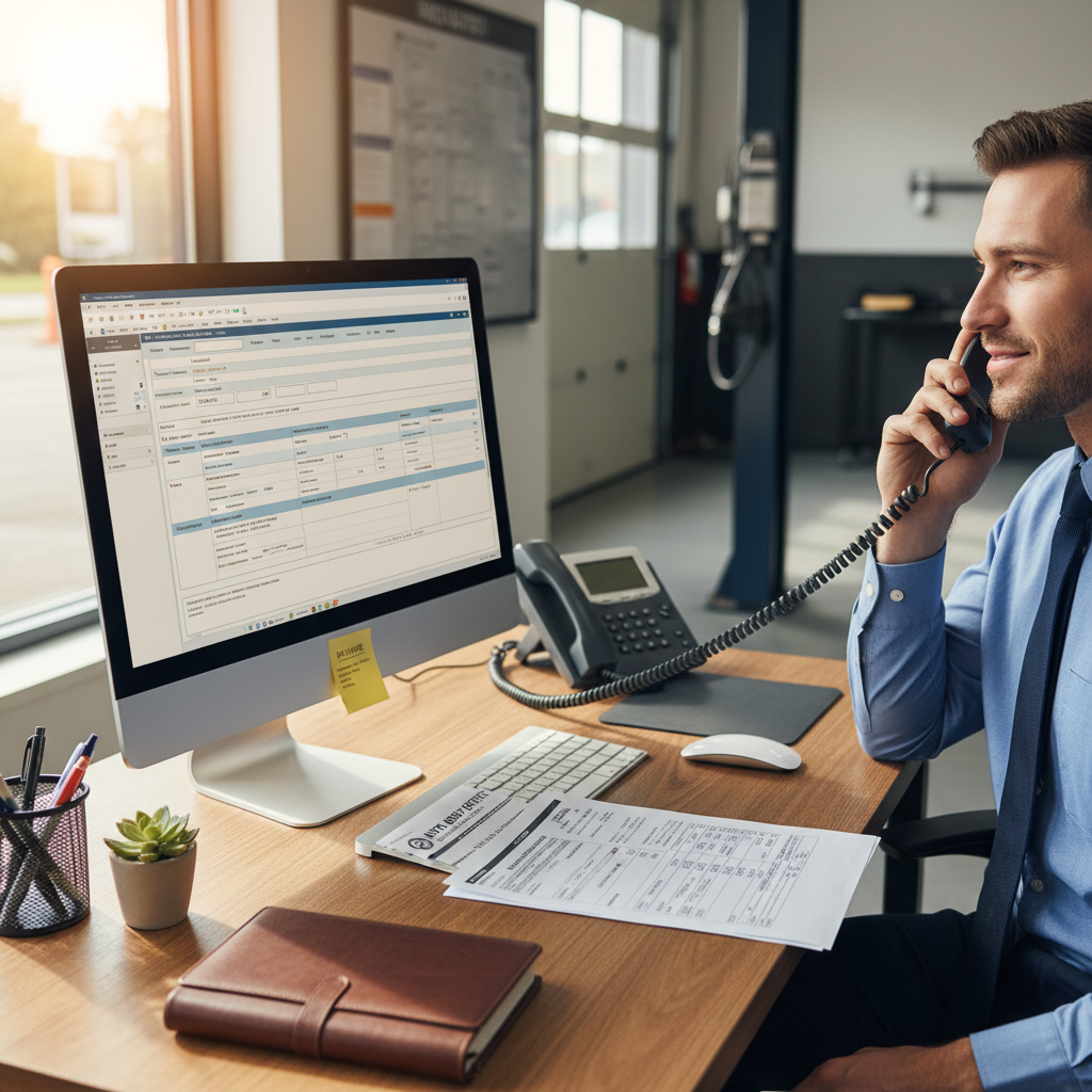 A realistic photograph of a clean, organized office desk at an auto body shop with a computer screen displaying an insurance claim form, a printed estimate document, and a phone with a fleet manager on the line. Natural light from a window adds professionalism. This conveys efficiency and trustworthiness in claim handling.