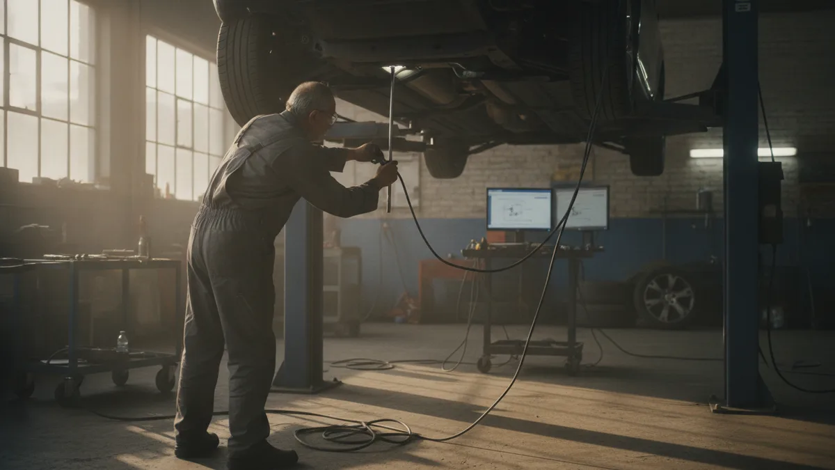 Technician using frame alignment equipment to measure and check a vehicle's structural integrity in an auto body shop.
