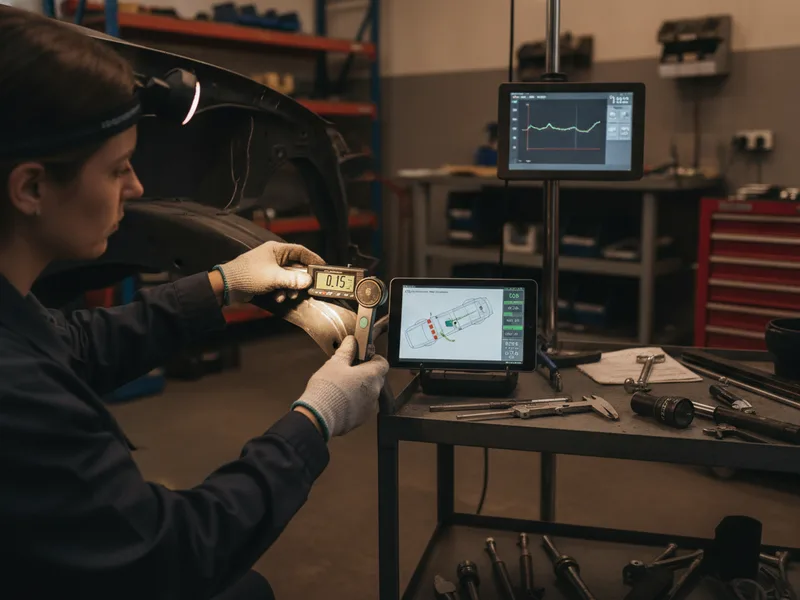 Precision measurement gauge being used to detect subtle frame misalignment that is not visible to the naked eye.