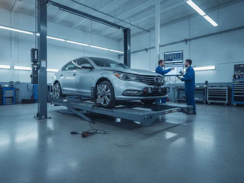 Vehicle positioned on a frame alignment rack with technicians monitoring digital measurements during structural restoration.
