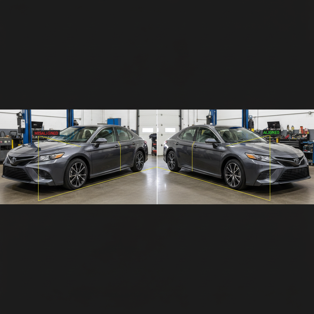 A side-by-side comparison photograph showing a vehicle with visible frame damage on one side and a properly aligned vehicle on the other, with measurement lines or alignment indicators overlaid to demonstrate the structural differences. The damaged vehicle should show subtle misalignment that isn't immediately obvious to untrained eyes.