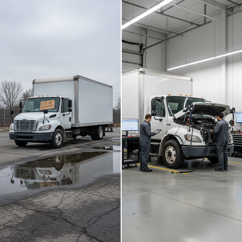 A realistic split-screen comparison: on the left, a delivery truck parked idle in a lot with a "Out of Service" sign, showing lost productivity; on the right, the same truck model being actively repaired in a modern shop bay with ADAS diagnostic equipment visible. The contrast illustrates the cost of downtime versus the value of professional fleet repair.