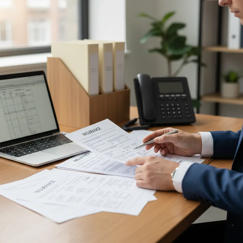 Business professional at a desk reviewing insurance documents with a laptop open, desktop phone visible, organized file fo...