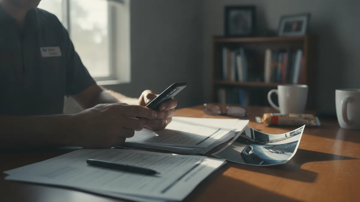 A driver organizing insurance claim documents and damage photos at a desk in natural daylight.