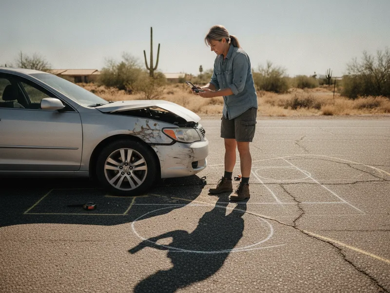 A driver photographing vehicle damage on the side of a Phoenix road in daylight.