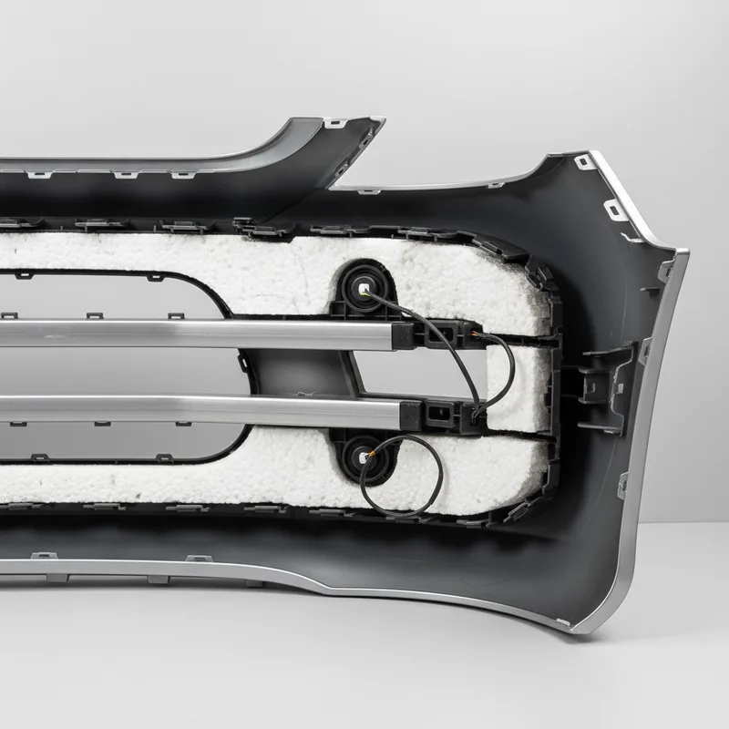 A cross-section technical view of a modern plastic bumper assembly showing internal foam core, reinforcement bars, and sen...