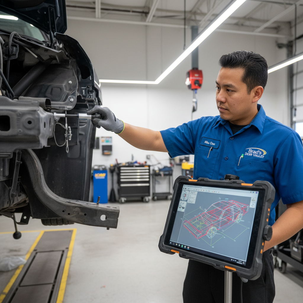 A realistic close-up photo of an I-CAR certified technician in Brad's Deer Valley uniform using digital measurement tools on a vehicle's frame in the inspection bay, with computer readouts visible on a mounted tablet. The technician is pointing at specific damage areas, showing professional diagnostic process in a clean, modern shop environment.