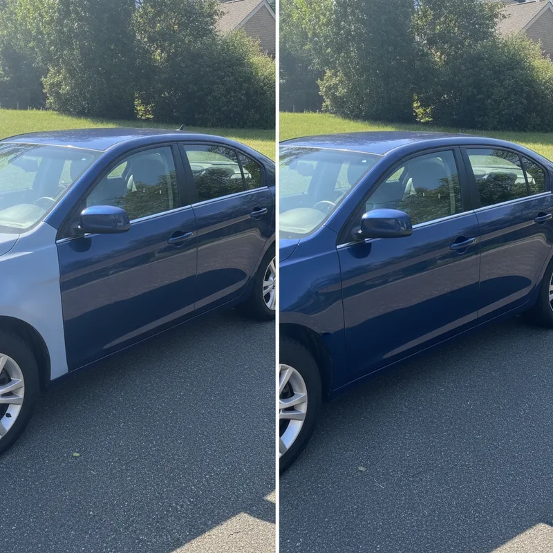 Side-by-side comparison showing a vehicle with visibly mismatched paint panels versus the same vehicle with perfectly matc...