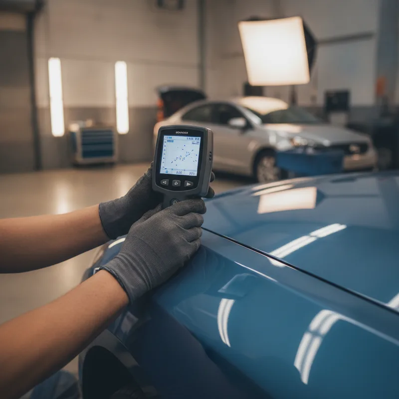 Technician operating a spectrophotometer against a vehicle panel with the device's digital display screen visible