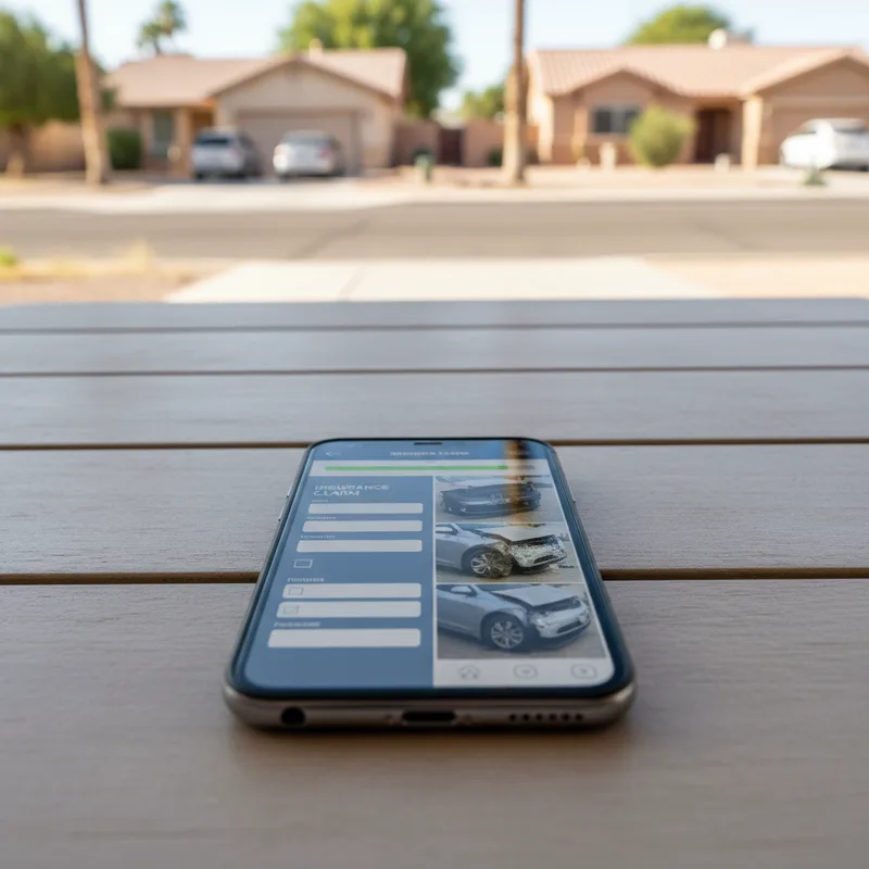 A smartphone screen showing an insurance claim form and photo gallery app side-by-side, with car damage photos being uploaded