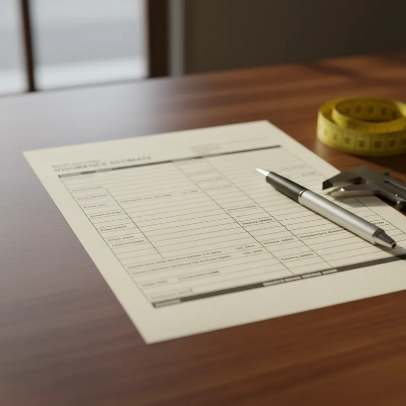 Close-up of a detailed insurance estimate form with line items clearly visible, spread across a shop counter with a pen an...