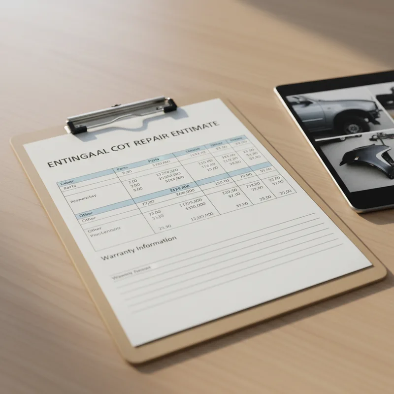 Close-up overhead view of a detailed written auto body repair estimate on a clipboard next to a digital tablet showing rep...