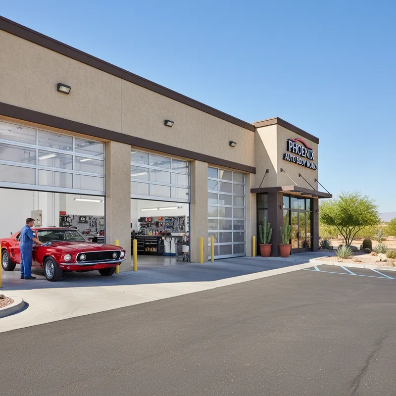Storefront exterior of a professional auto body repair shop in Phoenix with clear signage and open bay doors