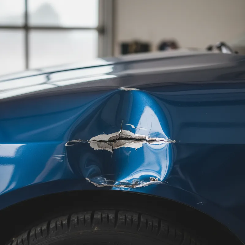 Close-up detail shot of a fender showing both a shallow dent and a crease with paint damage