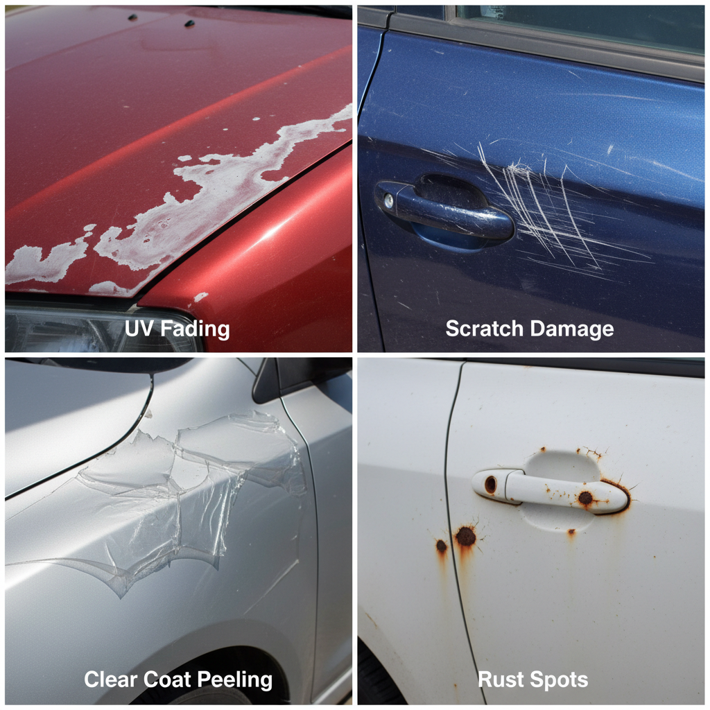 A realistic collage-style image showing four common paint damage scenarios: a close-up of deep UV fading on a hood, a side panel with visible scratch damage, an area showing peeling clear coat, and a section with rust spots breaking through the paint. Each section should be clearly labeled and photographed in natural daylight to show the damage realistically.