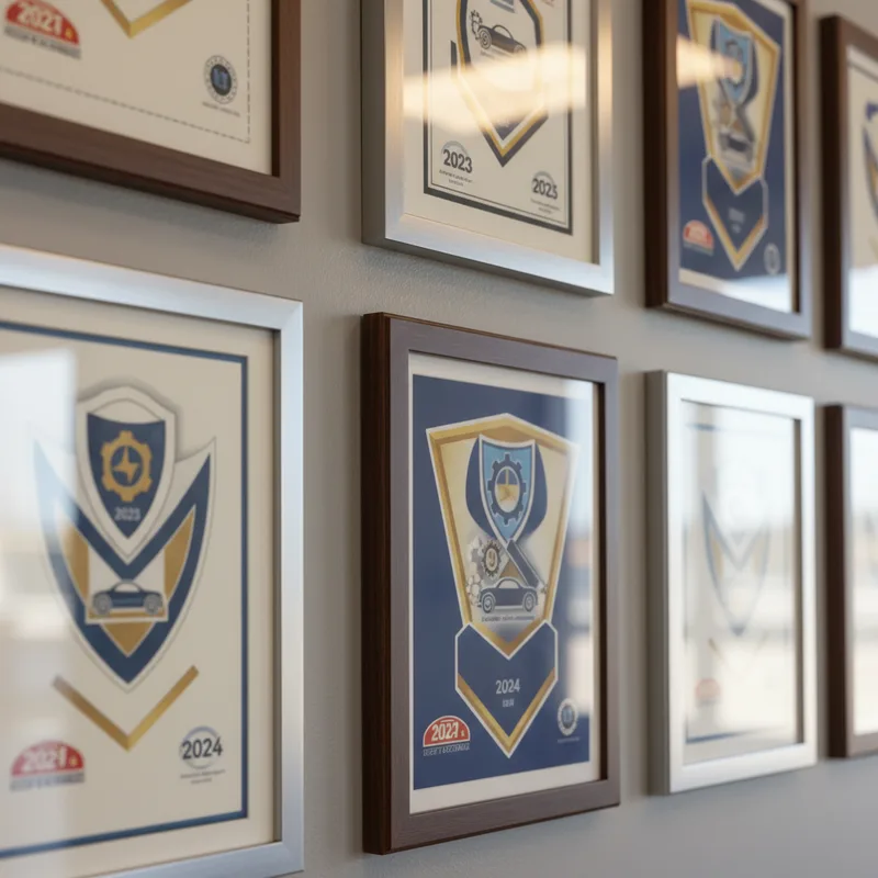 Close-up of certification badges and I-CAR credentials displayed on a wall in a professional collision repair facility, sh...